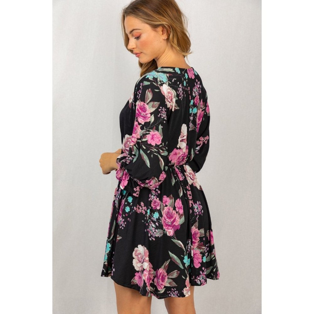 White Birch Floral Poet Sleeve Dress - Picture 3 of 6